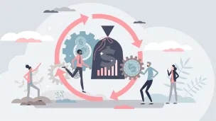 Illustration: Financial cycle with gears and business people.