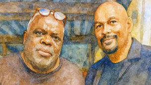 Watercolor graphic of two men.
