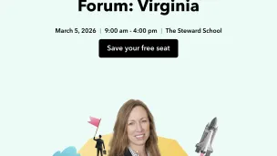 School Leaders Innovation Forum: Virginia event graphic with speakers and school illustration.