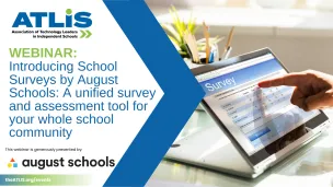 Webinar graphic for "Introducing School Surveys by August Schools" with ATLIS logo.