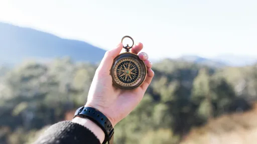 Hand holds compass, mountain background.