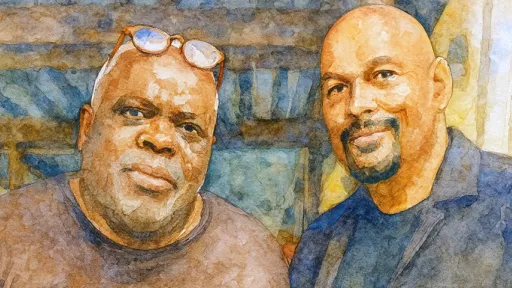 Watercolor graphic of two men.