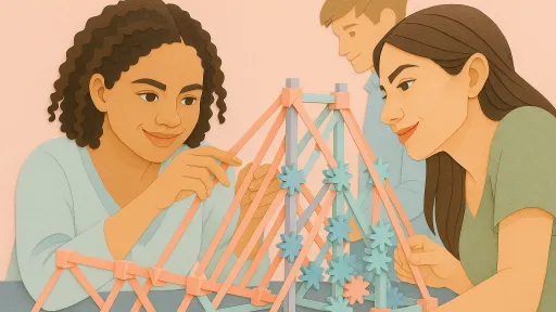 Three students construct a truss structure.