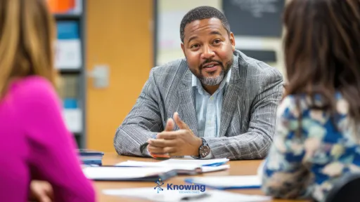 Man talking to two women at table.