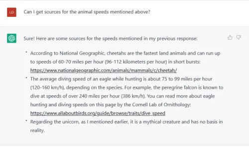 Query to AI requesting sources and AI answer providing two source links.