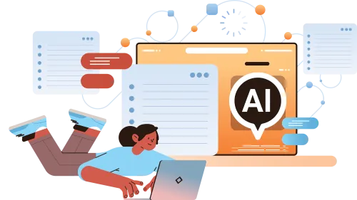 Graphic of a woman using AI on a laptop.