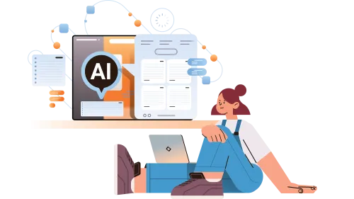 Woman sits by an AI enabled computer.