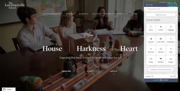 Screenshot of The Lawrenceville School website, with accessibility tool on the right-hand side
