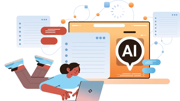 Graphic of a woman using AI on a laptop.
