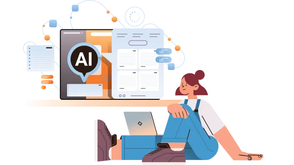 Woman sits by an AI enabled computer.